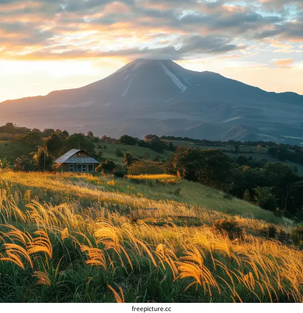Thatched roof house in a rural area with a volcano in the background