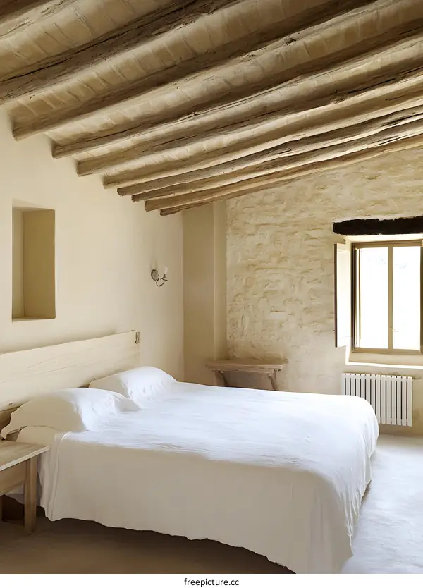 Rustic Bedroom With White Bed And Wooden Beams
