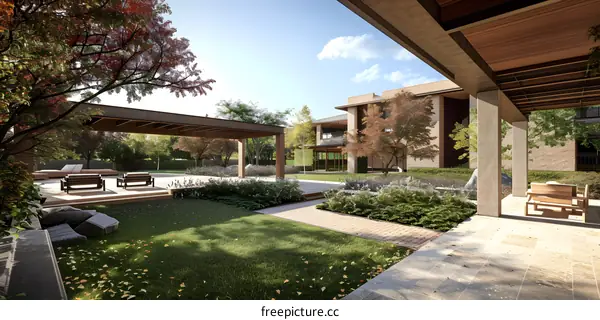 Modern House Backyard Design with Wooden Pergola and Patio