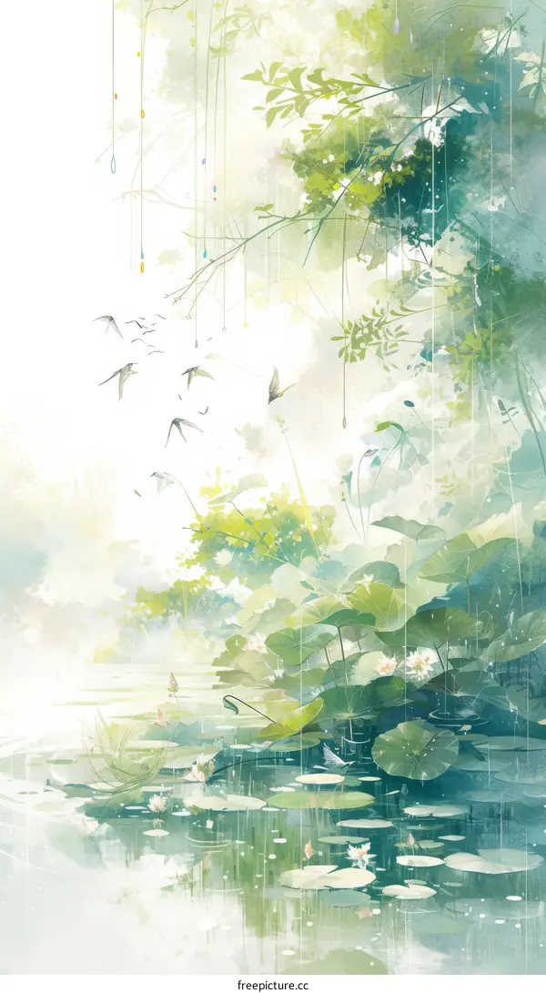 Green leaves and lotus flowers in the misty rain