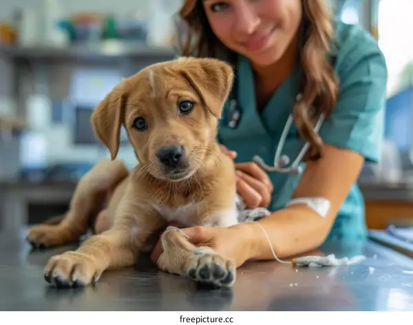 A veterinarian is caring for a puppy