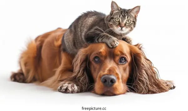 A Brown Dog and a Tabby Cat Rest Together on a White Surface