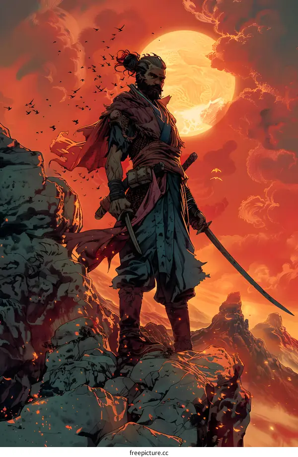 Samurai Warrior Standing on a Mountaintop with a Red Sky