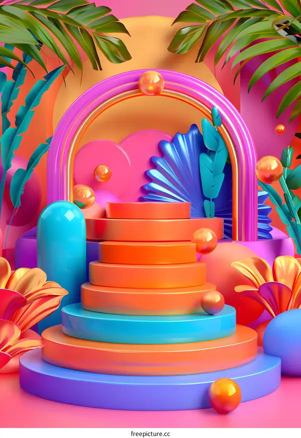 Abstract 3D Geometric Shapes With Tropical Leaves and Rainbow Arch