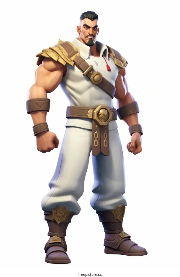 A Muscular Male Gladiator with Dark Hair and Beard Wearing White Pants and Shirt with Gold and Brown Armor