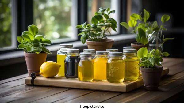 Colorful Glass Jars of Liquid on a Wooden Table