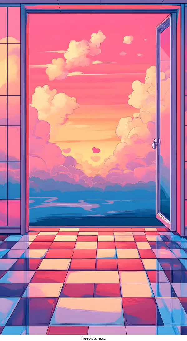 Open Door with Colorful Sunset and Clouds