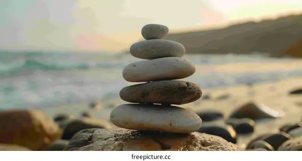 Stack of stones on the beach with the sea in the background