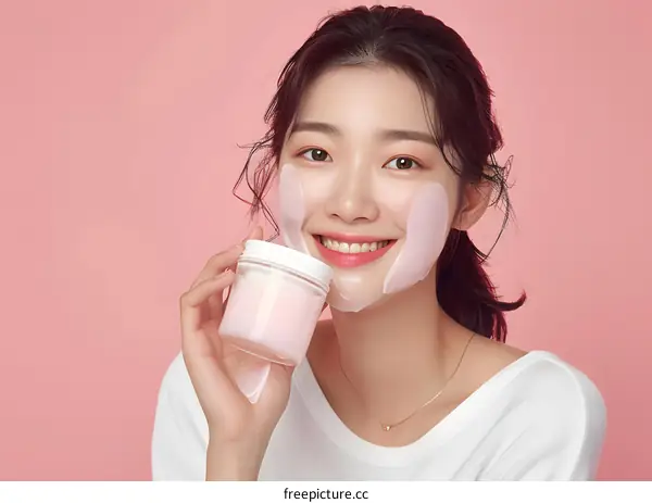 Asian Woman Smiling Holding Face Mask Jar