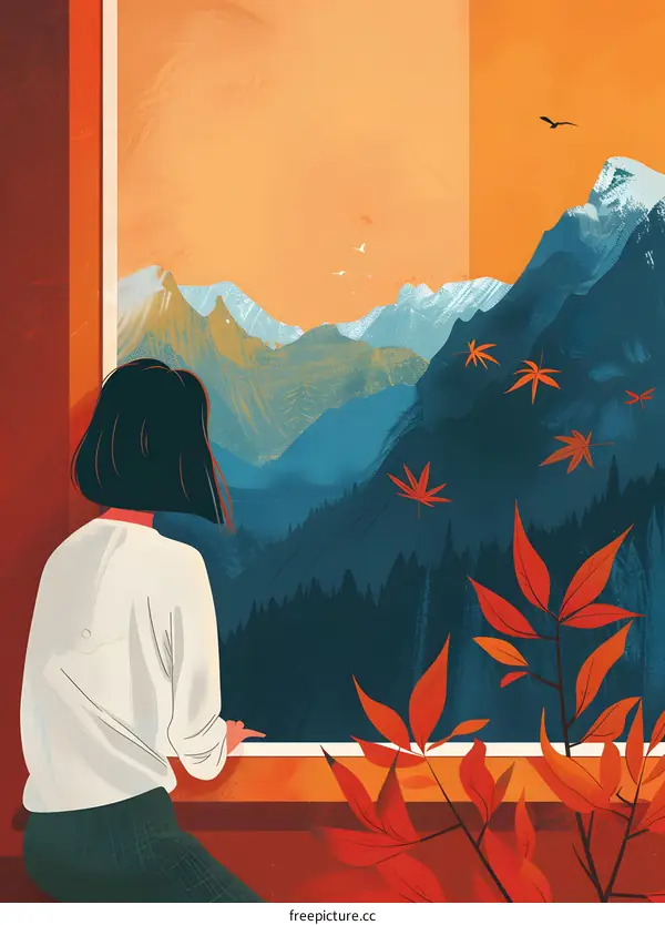 Woman Looking Out Window at Mountain Landscape