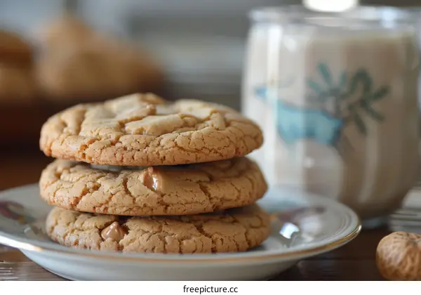 Three Homemade Peanut Butter Cookies on a Plate with Milk