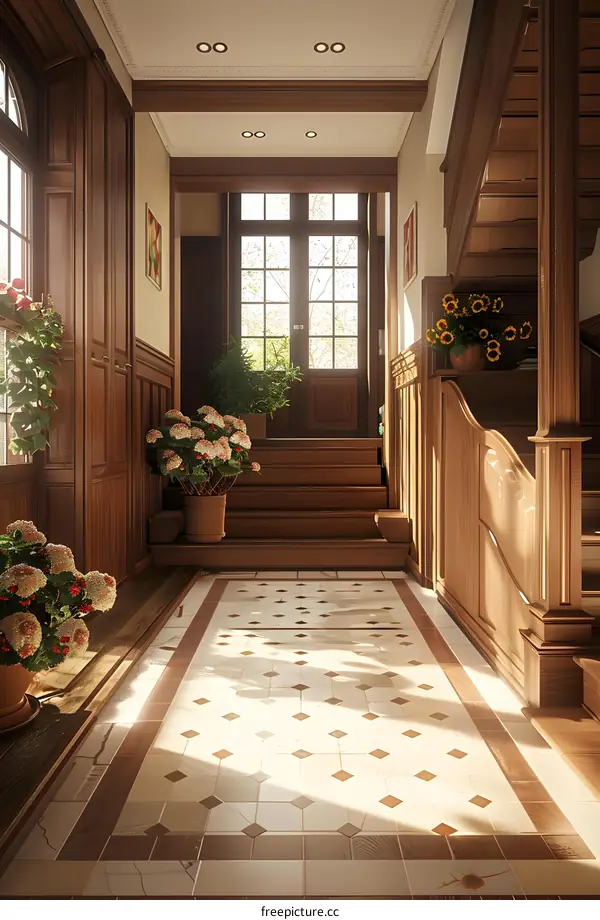 Classic Wooden Staircase with Sunbeams In a Modern Home