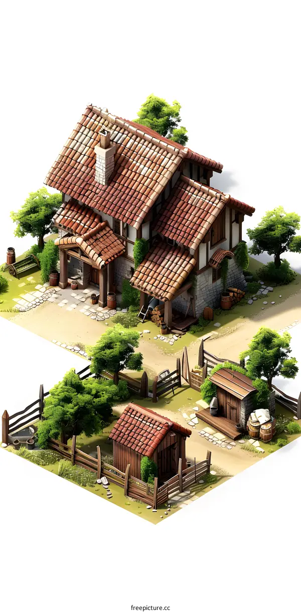 Medieval Village House with Red Tile Roof and Stone Walls