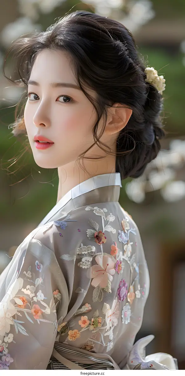 Korean Woman in Traditional Hanbok Dress Posing with Flowers