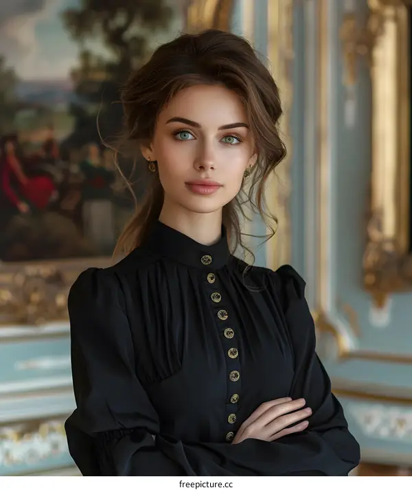 Portrait of a Beautiful Young Woman with Green Eyes in a Black Dress