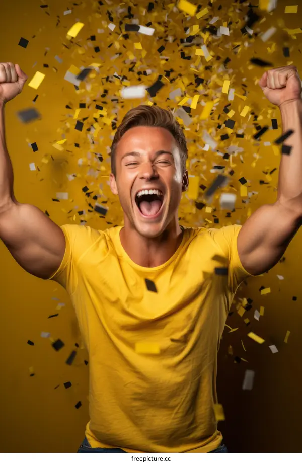 Ecstatic young man celebrating with confetti