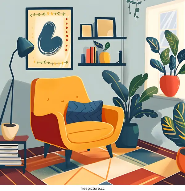Cozy Living Room Illustration with Yellow Armchair and Plants