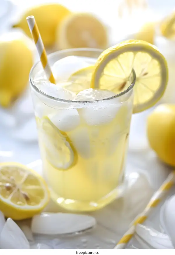 Refreshing Summer Lemonade with Ice and Lemon Slices