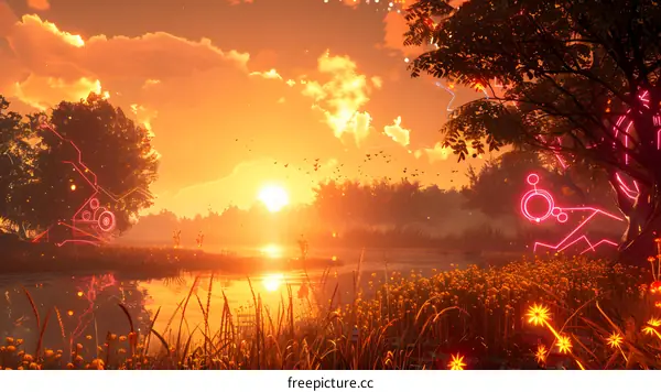 The setting sun shines on the lake and the grassland