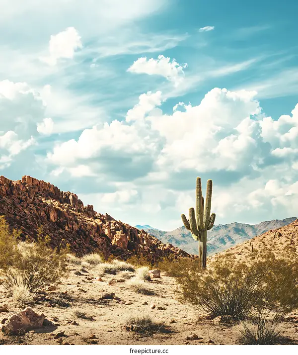 Tall Saguaro Cactus In Desert Landscape With Blue Sky And White Clouds