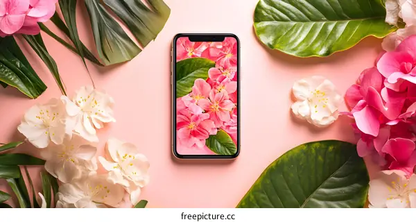 Floral Phone Wallpaper with Green Leaves on a Pink Background