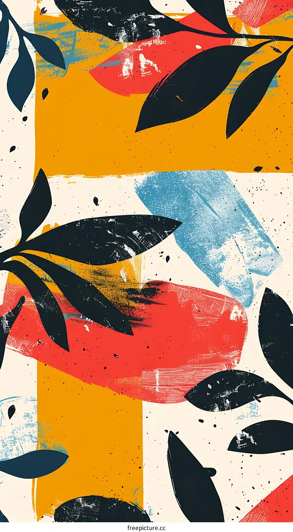 Abstract Colorful Illustration with Black Leaves and a White Background