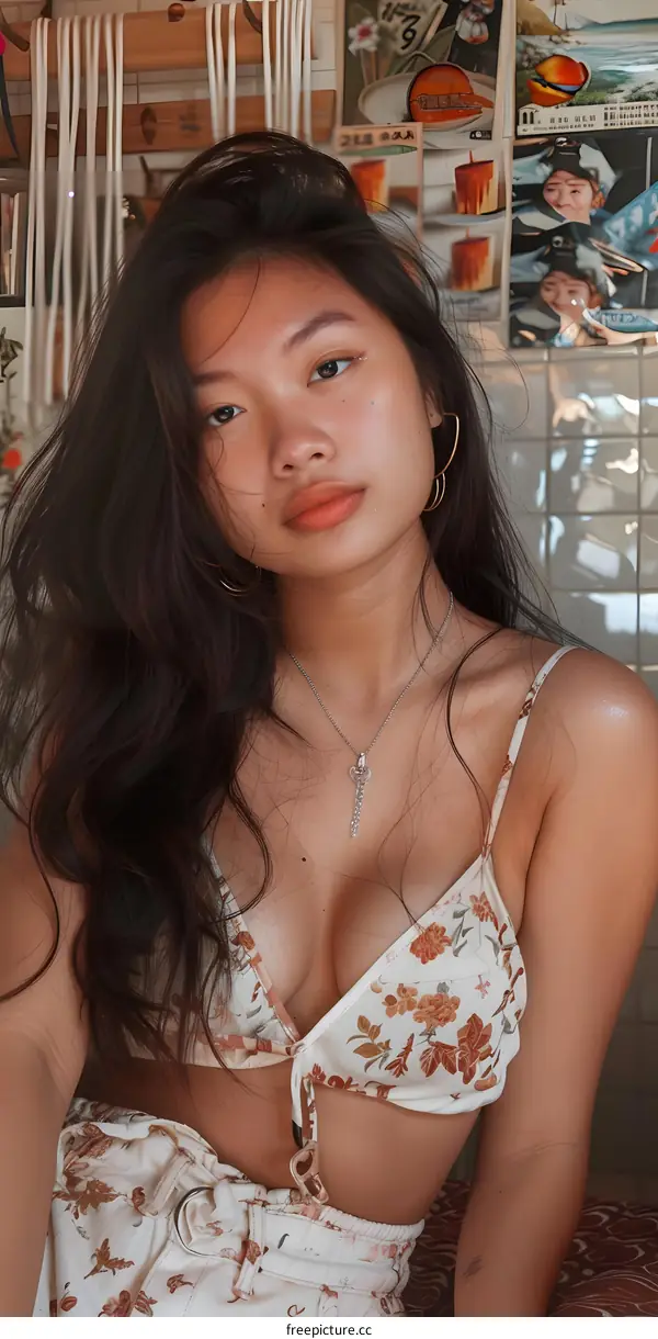 Portrait of a Young Asian Woman Wearing a Floral Top and Jeans