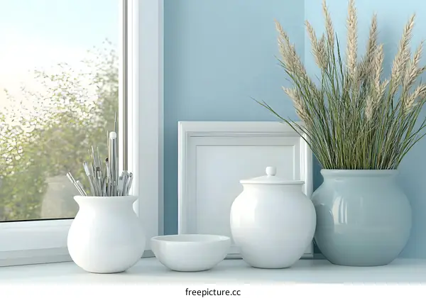 White Vases and a Picture Frame on a Window Sill