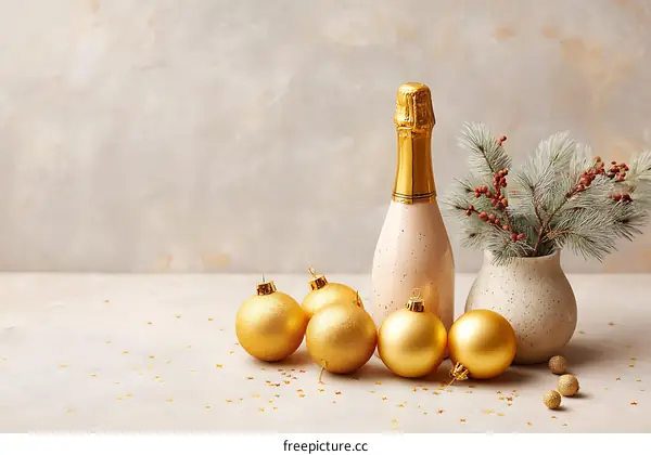 Golden Christmas Decoration with Champagne Bottle