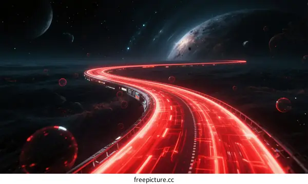 Futuristic Interstellar Highway with Glowing Red Lights