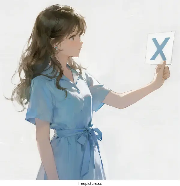 A Young Woman Holding a White Board with a Blue X Mark