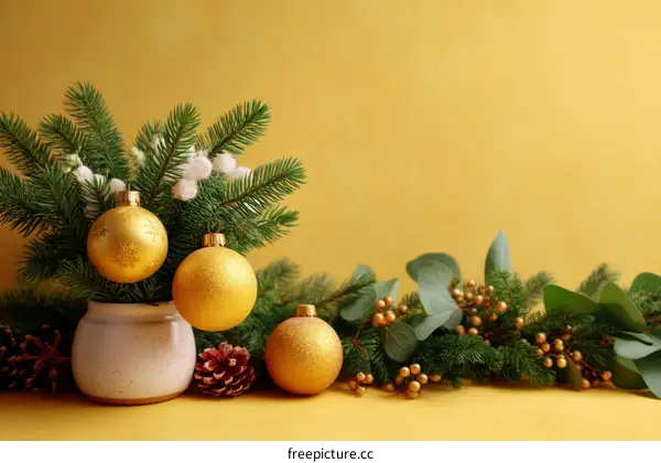 Golden Christmas Decoration Arrangement on Mustard Yellow Background