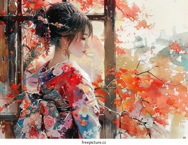 A woman in a red kimono standing in front of a window