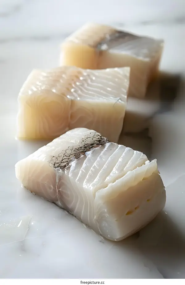 Three pieces of raw white fish fillet on a marble surface