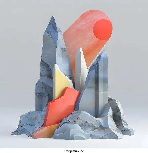 3D rendering of a rocky mountain landscape with a red sun