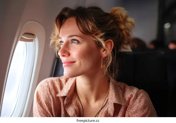 Woman Looking Out Airplane Window Journey