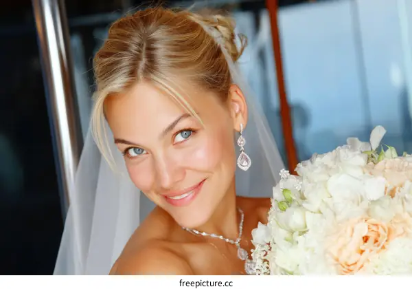 Beautiful Bride with Wedding Bouquet Close-up