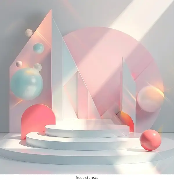 Geometric Podium with Pink and Blue Spheres