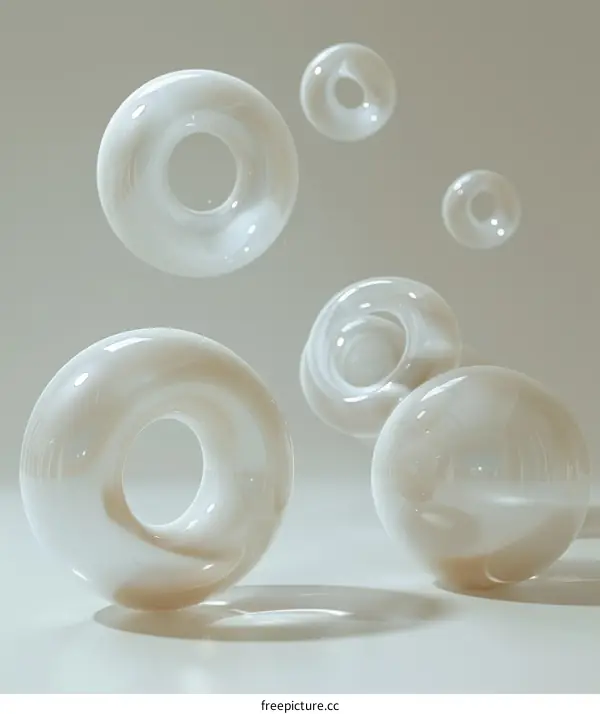 3D rendering of translucent white interlocking rings and spheres