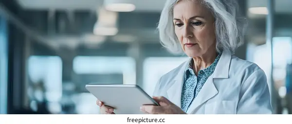 Senior Doctor Using Digital Tablet in Office