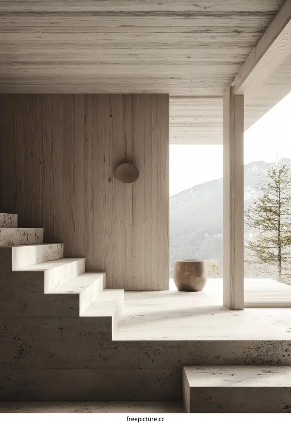 Modern Minimalist Wooden Interior Design with Concrete Stairs