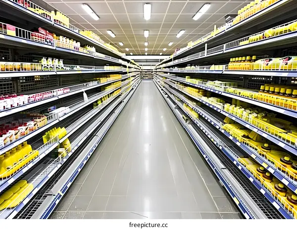 Empty Supermarket Aisle with Shelves Full of Products
