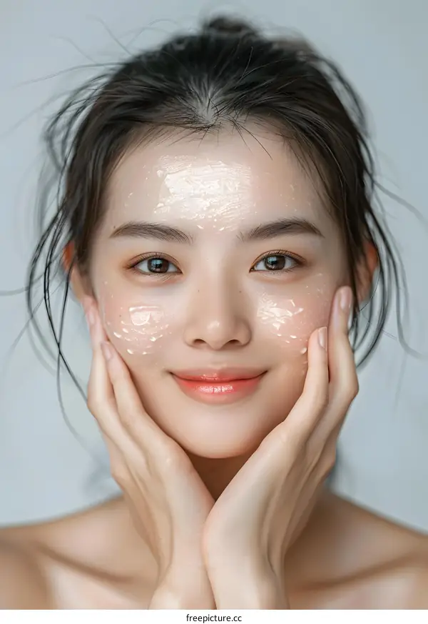 Beautiful Asian Woman Applying Facial Moisturizer