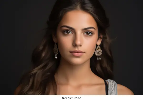 portrait of a young middle eastern woman with long brown hair wearing a white dress