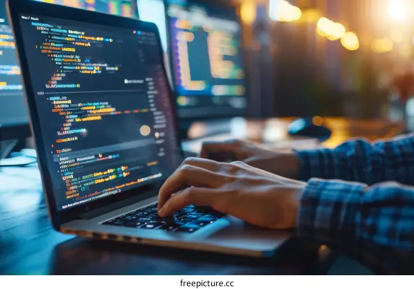 Software developer working on code in dark room