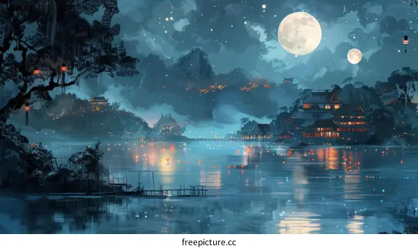 Tranquil moonlit night over a village by the river