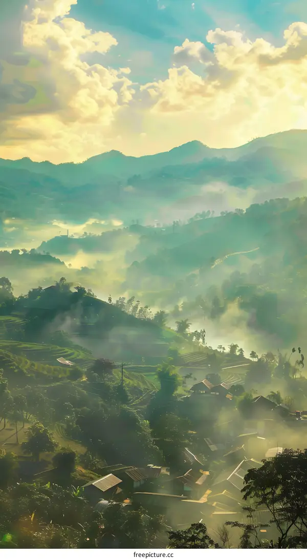 Aerial View of Mountainous Landscape with Mist