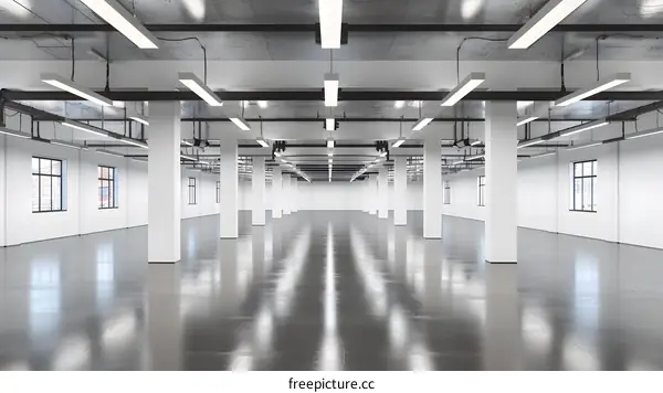 Empty Modern Office Space with Large Windows and Concrete Floor