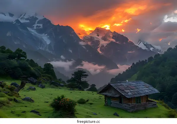 Thatched Cottage Nestled in a Picturesque Valley with Towering Snow-capped Peaks in the Distance