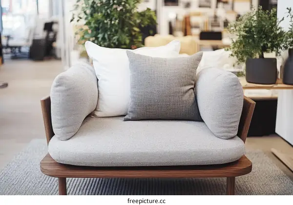 Modern Wooden Armchair with Gray Upholstery